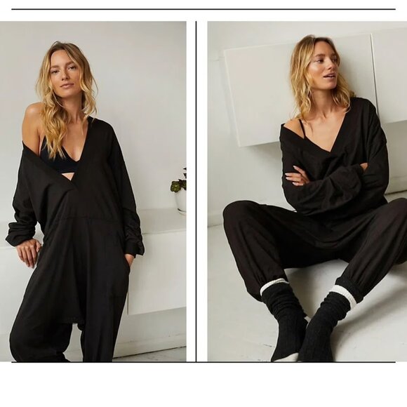 Free People Just Because Onesie cotton oversized jumpsuit in black - Picture 5 of 14